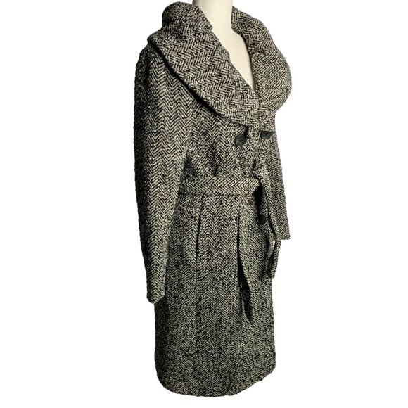 Calvin Klein Tweed Wool Blend Coat 2 Black Grey Herringbone Pockets Tie Belt - Picture 4 of 7